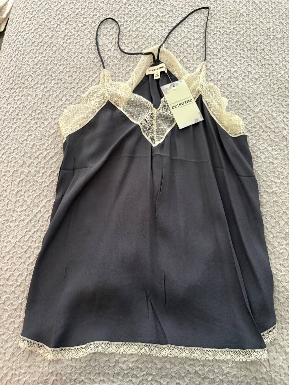 eesome Black Satin Cami with Cream Lace